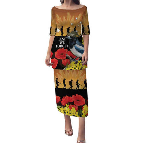 Australia Magpie ANZAC Day Family Matching Puletasi and Hawaiian Shirt Rising Sun 25th April Poppy Golden Wattle