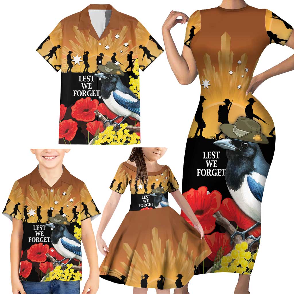 Australia Magpie ANZAC Day Family Matching Short Sleeve Bodycon Dress and Hawaiian Shirt Rising Sun 25th April Poppy Golden Wattle