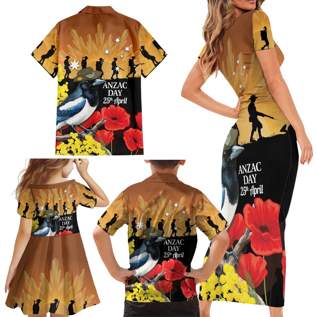 Australia Magpie ANZAC Day Family Matching Short Sleeve Bodycon Dress and Hawaiian Shirt Rising Sun 25th April Poppy Golden Wattle