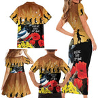 Australia Magpie ANZAC Day Family Matching Short Sleeve Bodycon Dress and Hawaiian Shirt Rising Sun 25th April Poppy Golden Wattle