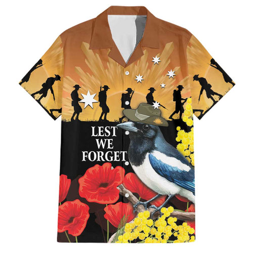 Australia Magpie ANZAC Day Family Matching Short Sleeve Bodycon Dress and Hawaiian Shirt Rising Sun 25th April Poppy Golden Wattle