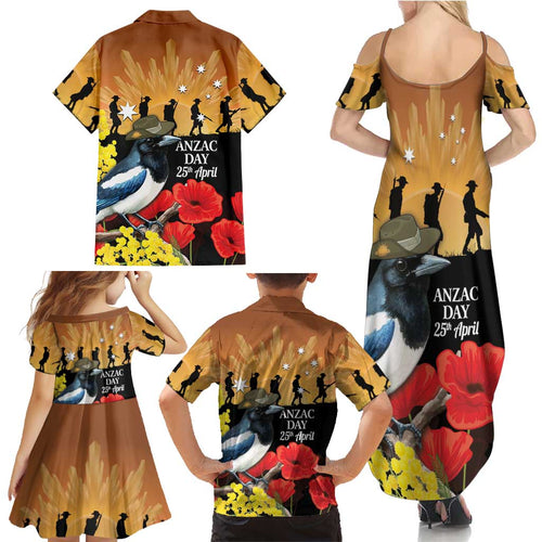 Australia Magpie ANZAC Day Family Matching Summer Maxi Dress and Hawaiian Shirt Rising Sun 25th April Poppy Golden Wattle