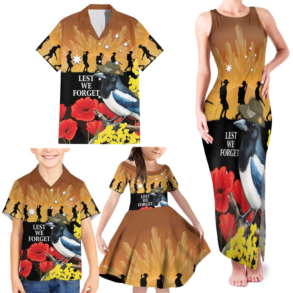 Australia Magpie ANZAC Day Family Matching Tank Maxi Dress and Hawaiian Shirt Rising Sun 25th April Poppy Golden Wattle