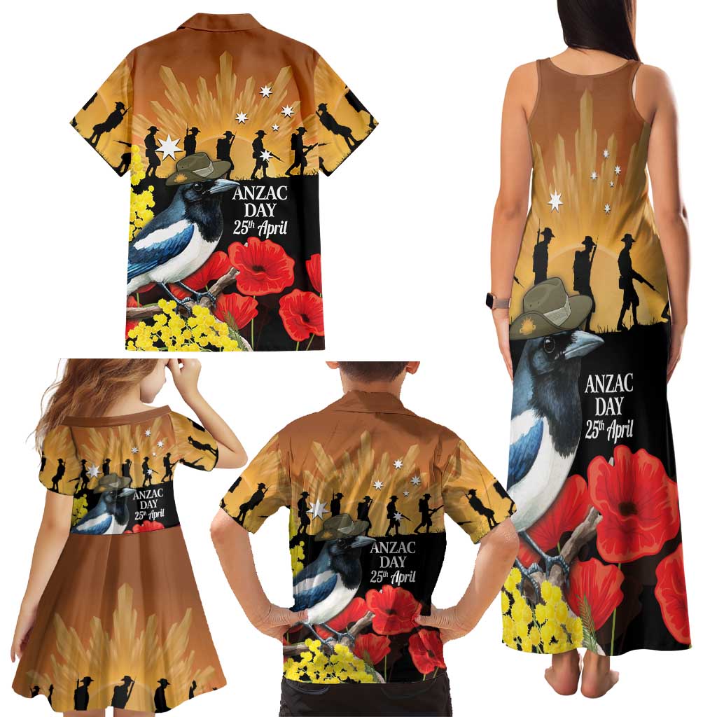 Australia Magpie ANZAC Day Family Matching Tank Maxi Dress and Hawaiian Shirt Rising Sun 25th April Poppy Golden Wattle