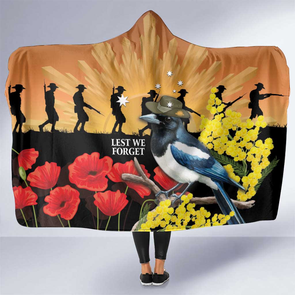 Australia Magpie ANZAC Day Hooded Blanket Rising Sun 25th April Poppy Golden Wattle - Aussie Hoodie