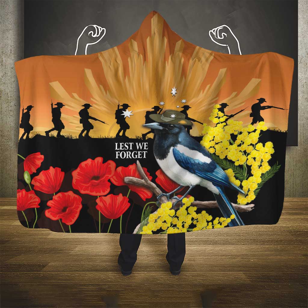 Australia Magpie ANZAC Day Hooded Blanket Rising Sun 25th April Poppy Golden Wattle - Aussie Hoodie
