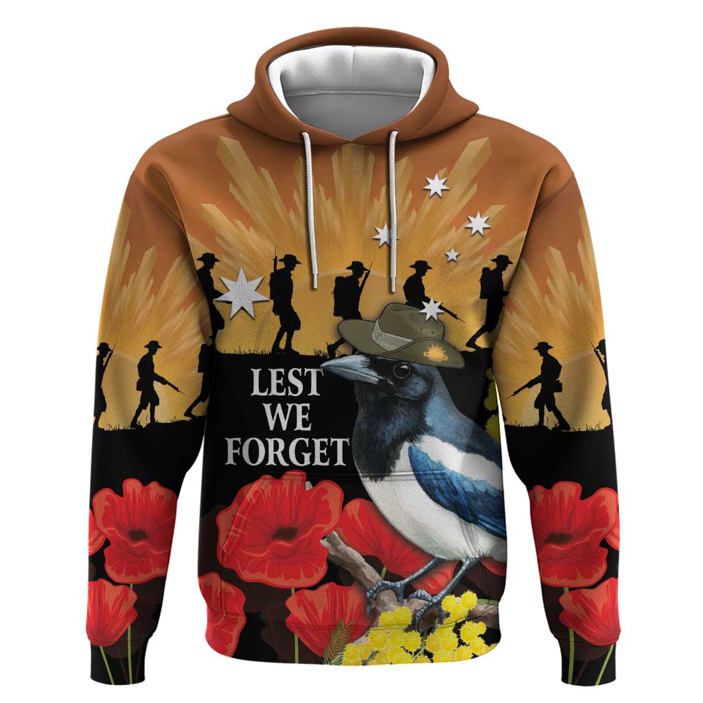 Australia Magpie ANZAC Day Hoodie Rising Sun 25th April Poppy Golden Wattle - Aussie Hoodie