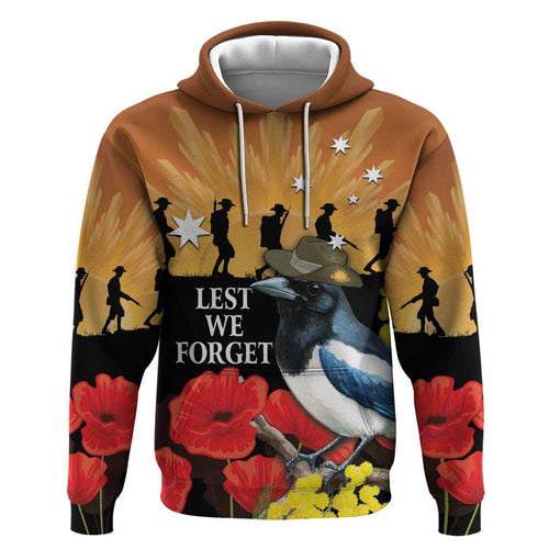 Australia Magpie ANZAC Day Hoodie Rising Sun 25th April Poppy Golden Wattle - Aussie Hoodie