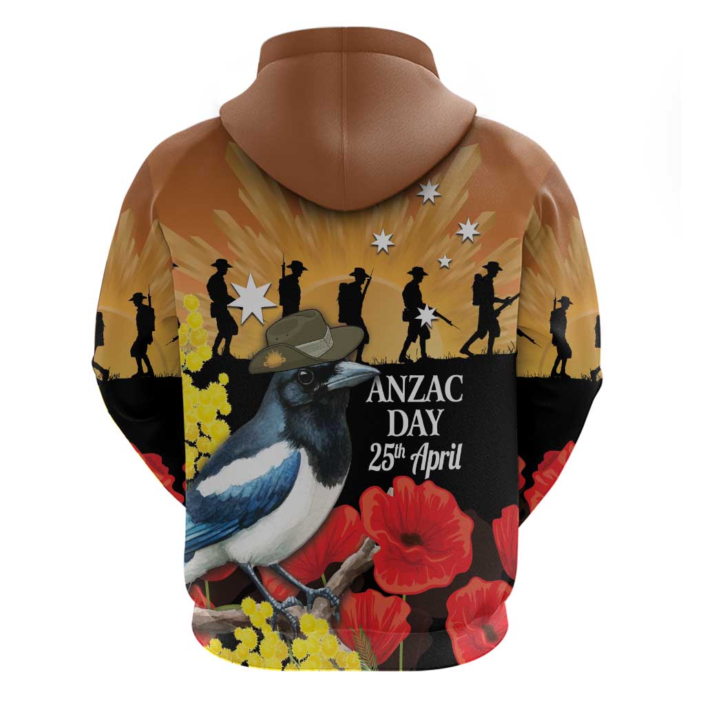 Australia Magpie ANZAC Day Hoodie Rising Sun 25th April Poppy Golden Wattle - Aussie Hoodie