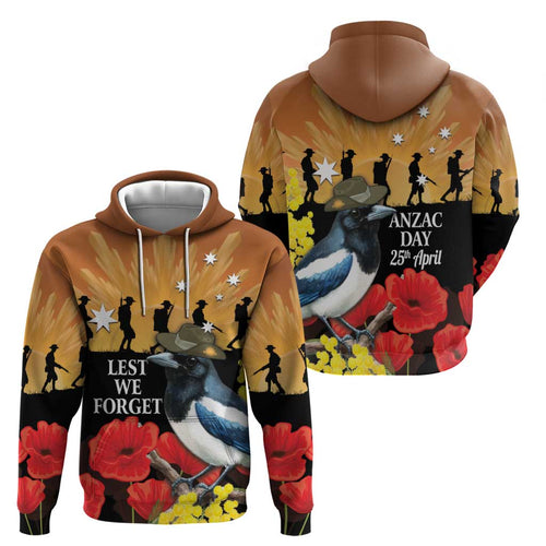 Australia Magpie ANZAC Day Hoodie Rising Sun 25th April Poppy Golden Wattle - Aussie Hoodie