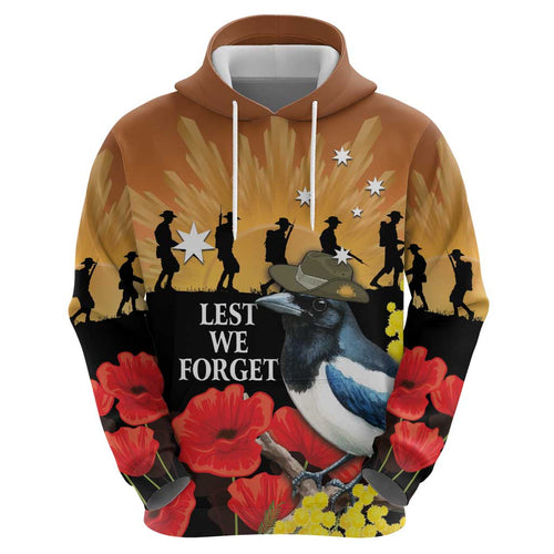 Australia Magpie ANZAC Day Hoodie Rising Sun 25th April Poppy Golden Wattle - Aussie Hoodie