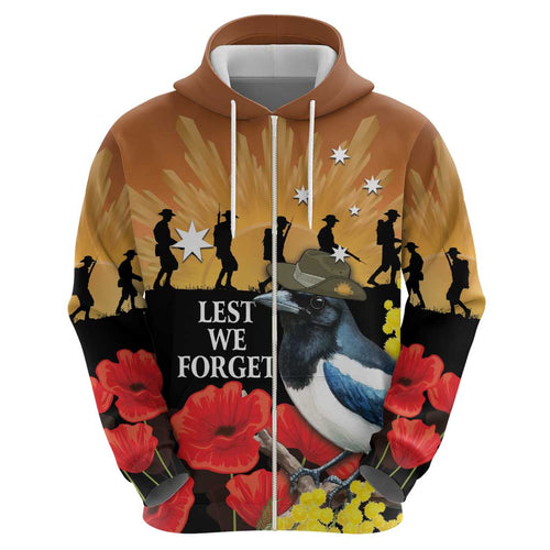 Australia Magpie ANZAC Day Hoodie Rising Sun 25th April Poppy Golden Wattle - Aussie Hoodie