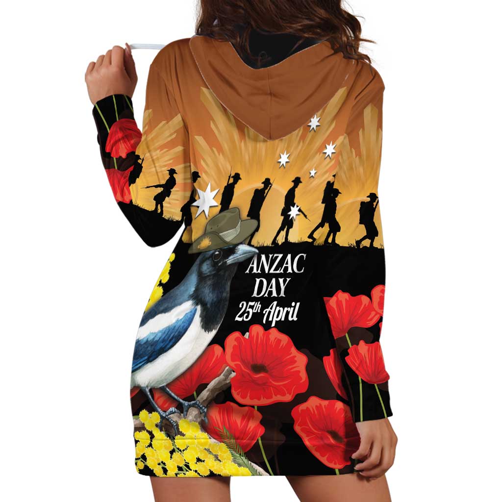 Australia Magpie ANZAC Day Hoodie Dress Rising Sun 25th April Poppy Golden Wattle - Aussie Hoodie
