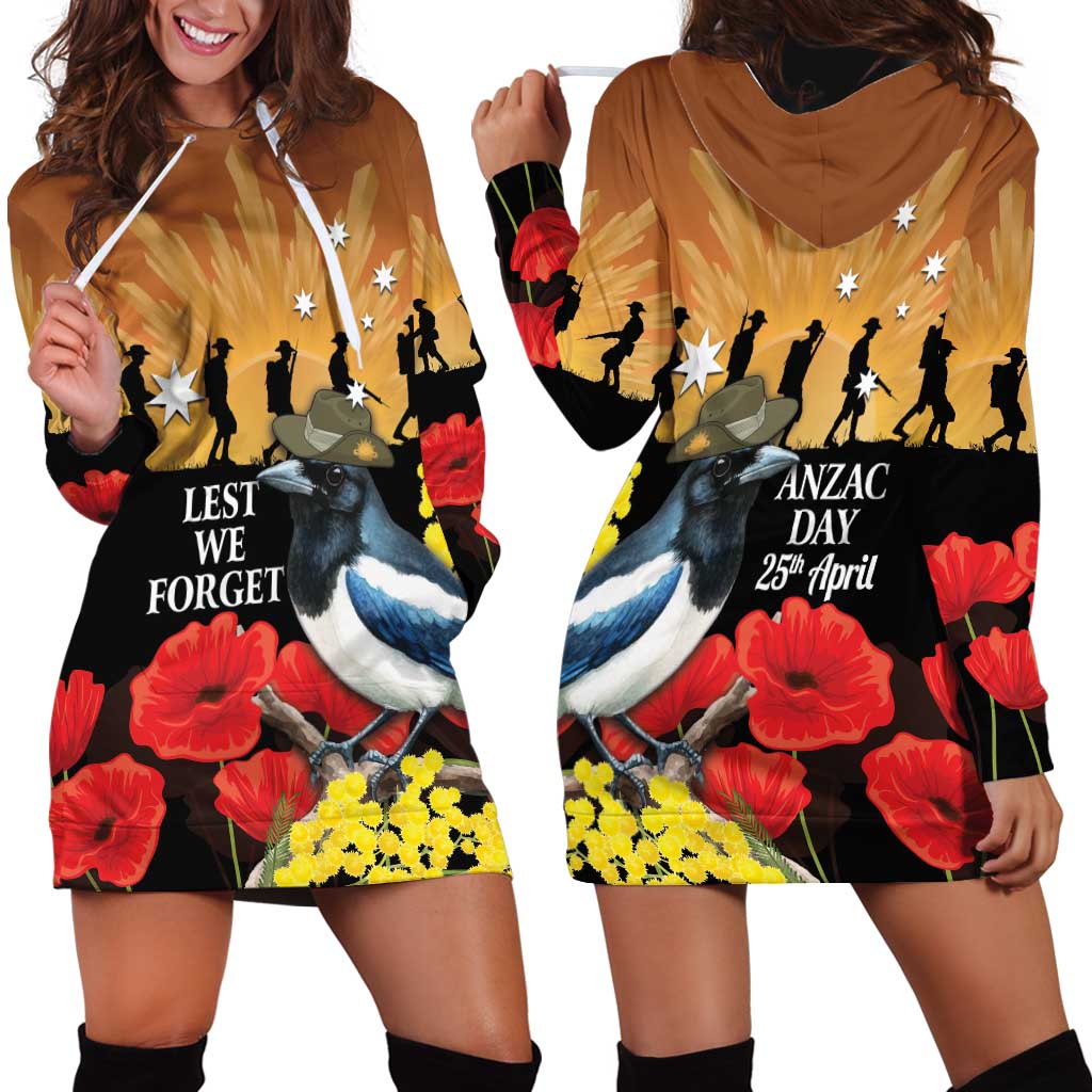 Australia Magpie ANZAC Day Hoodie Dress Rising Sun 25th April Poppy Golden Wattle - Aussie Hoodie