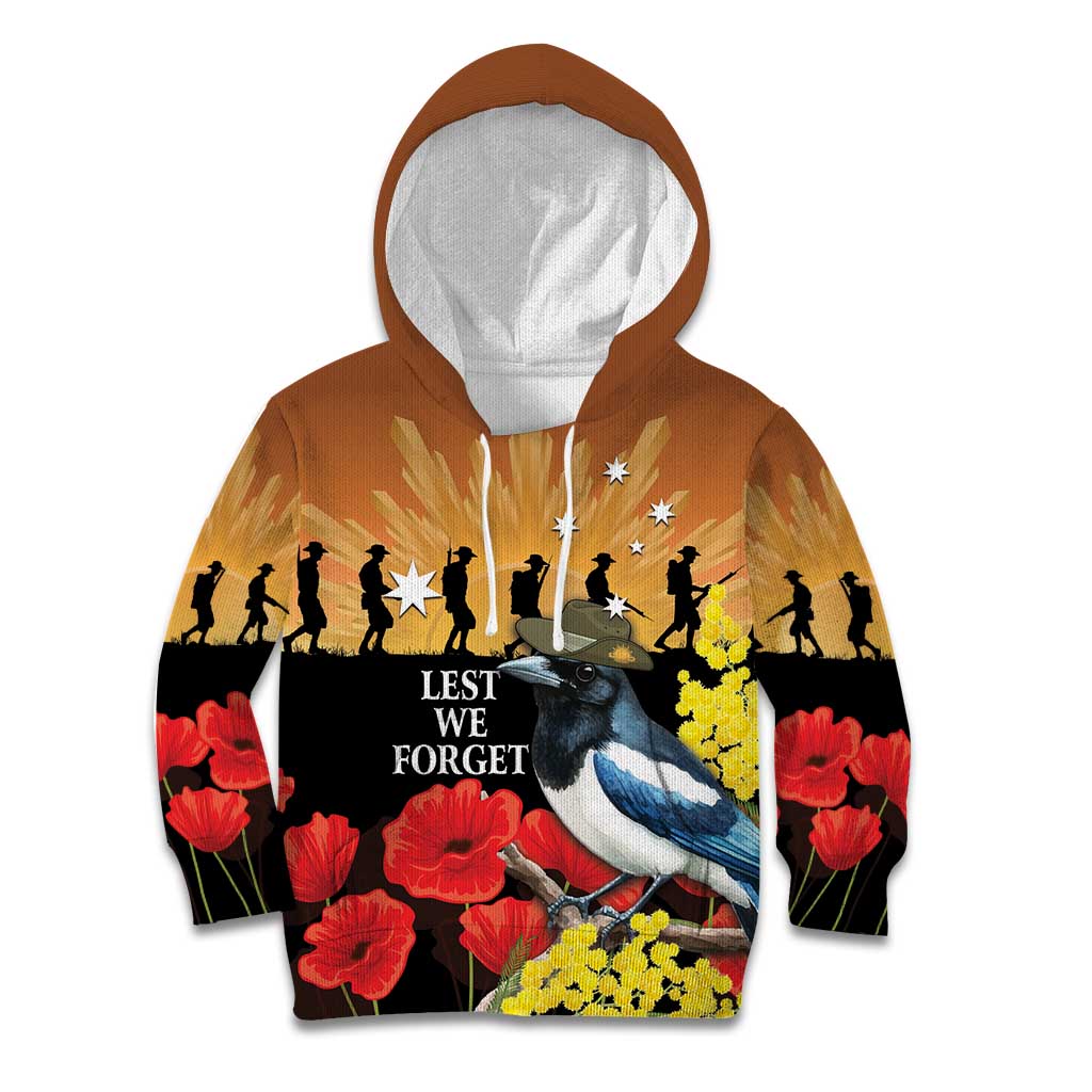 Australia Magpie ANZAC Day Kid Hoodie Rising Sun 25th April Poppy Golden Wattle - Aussie Hoodie