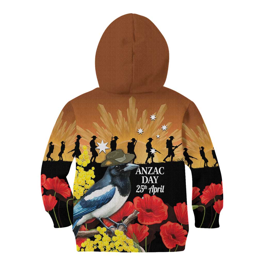 Australia Magpie ANZAC Day Kid Hoodie Rising Sun 25th April Poppy Golden Wattle - Aussie Hoodie