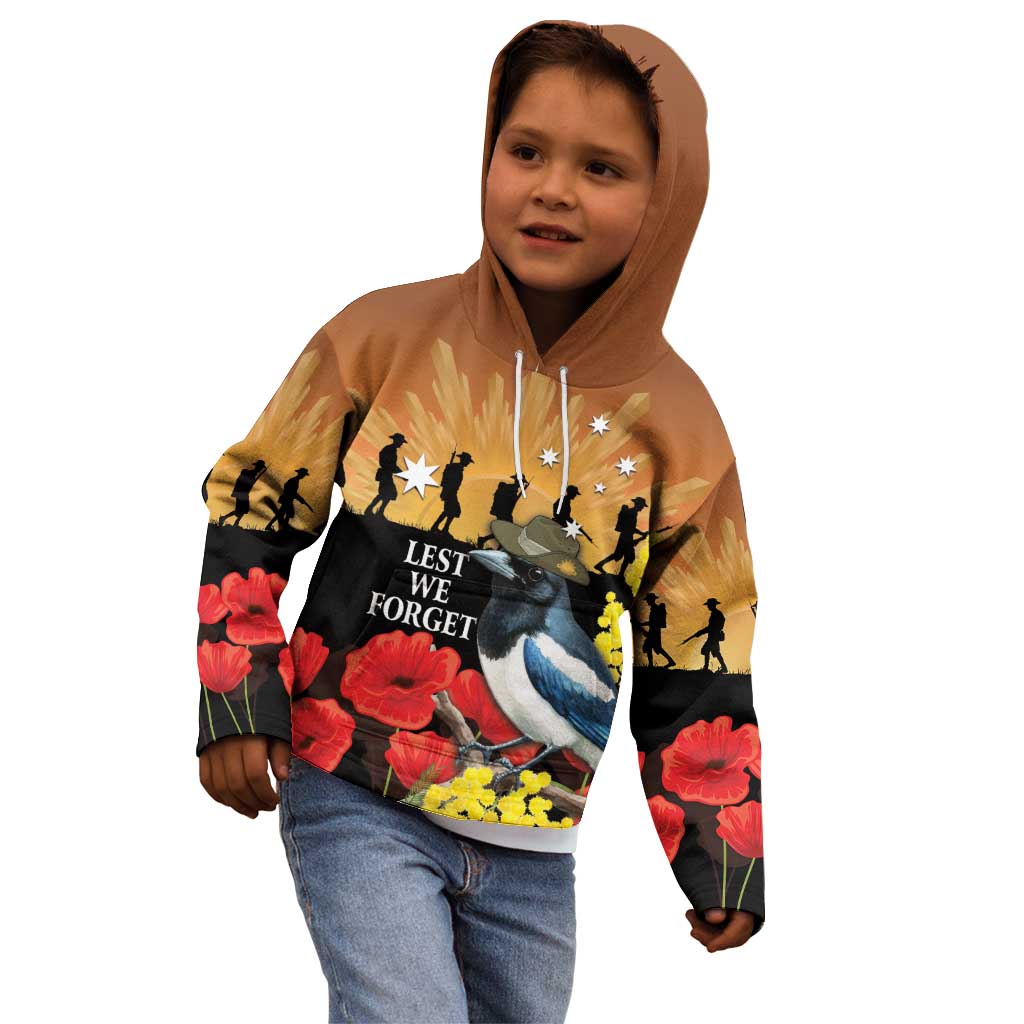 Australia Magpie ANZAC Day Kid Hoodie Rising Sun 25th April Poppy Golden Wattle - Aussie Hoodie