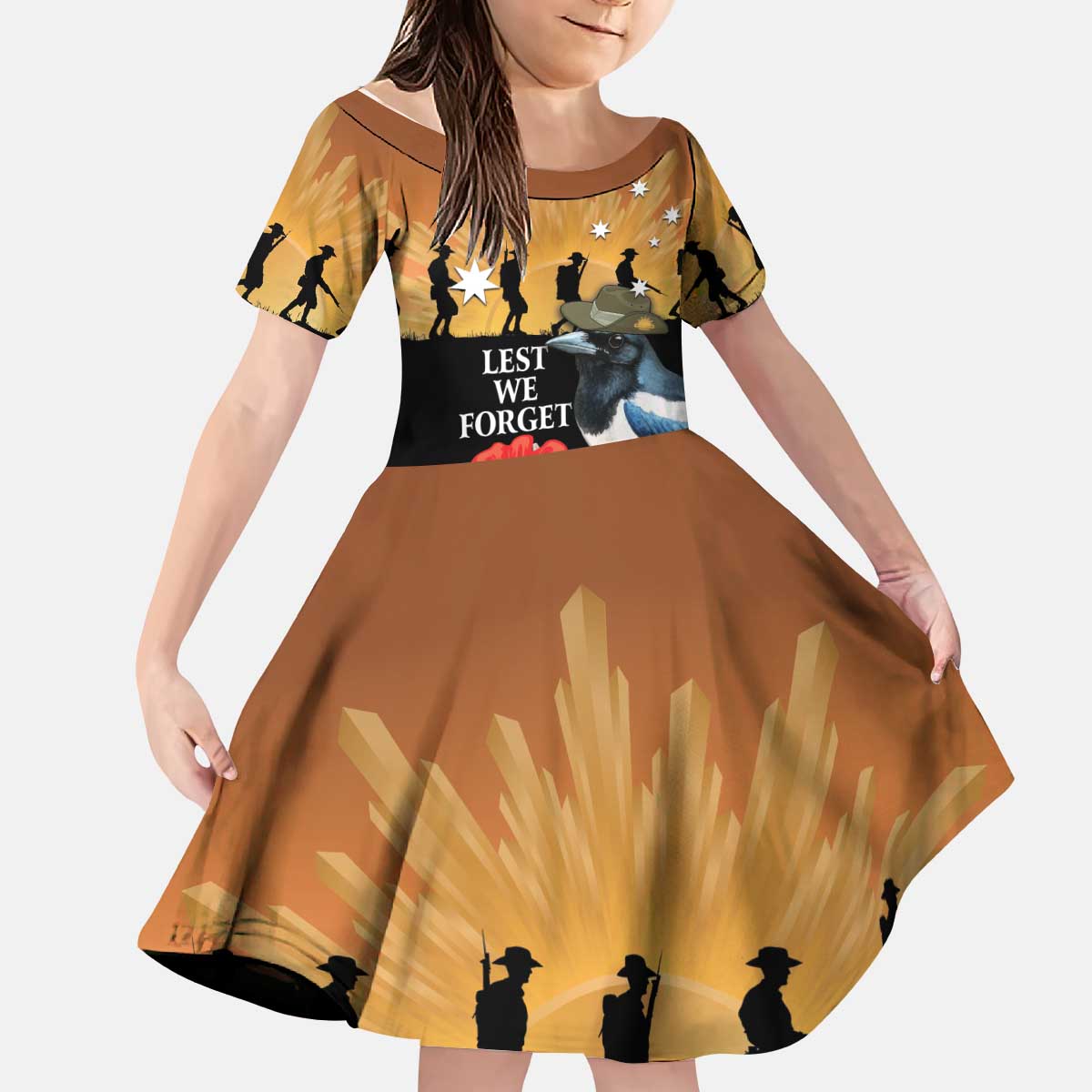 Australia Magpie ANZAC Day Kid Short Sleeve Dress Rising Sun 25th April Poppy Golden Wattle - Aussie Hoodie