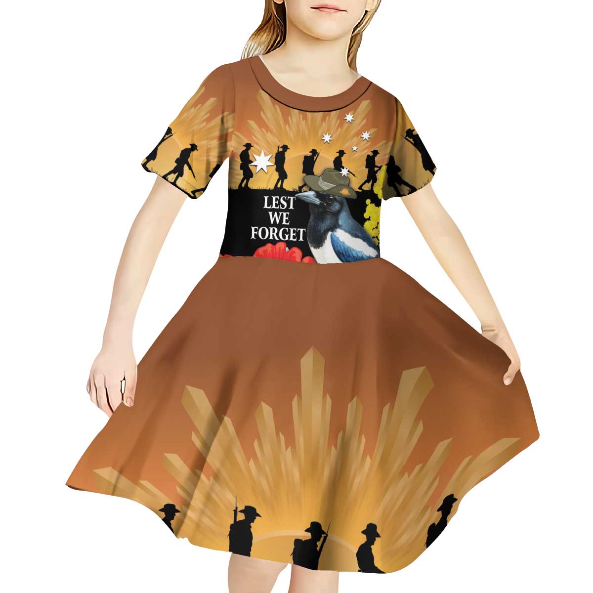 Australia Magpie ANZAC Day Kid Short Sleeve Dress Rising Sun 25th April Poppy Golden Wattle - Aussie Hoodie