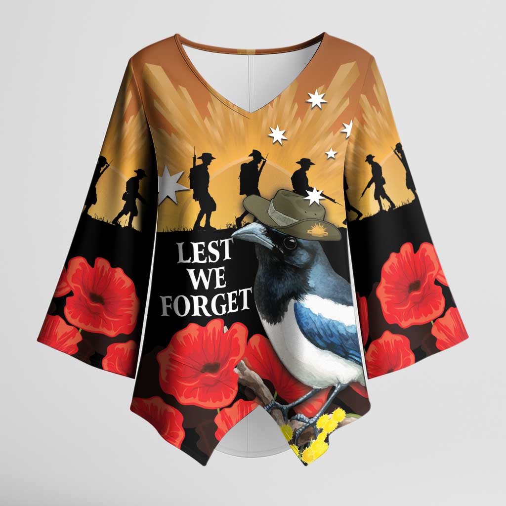Australia Magpie ANZAC Day Kimono Sleeve Blouse Rising Sun 25th April Poppy Golden Wattle - Aussie Hoodie