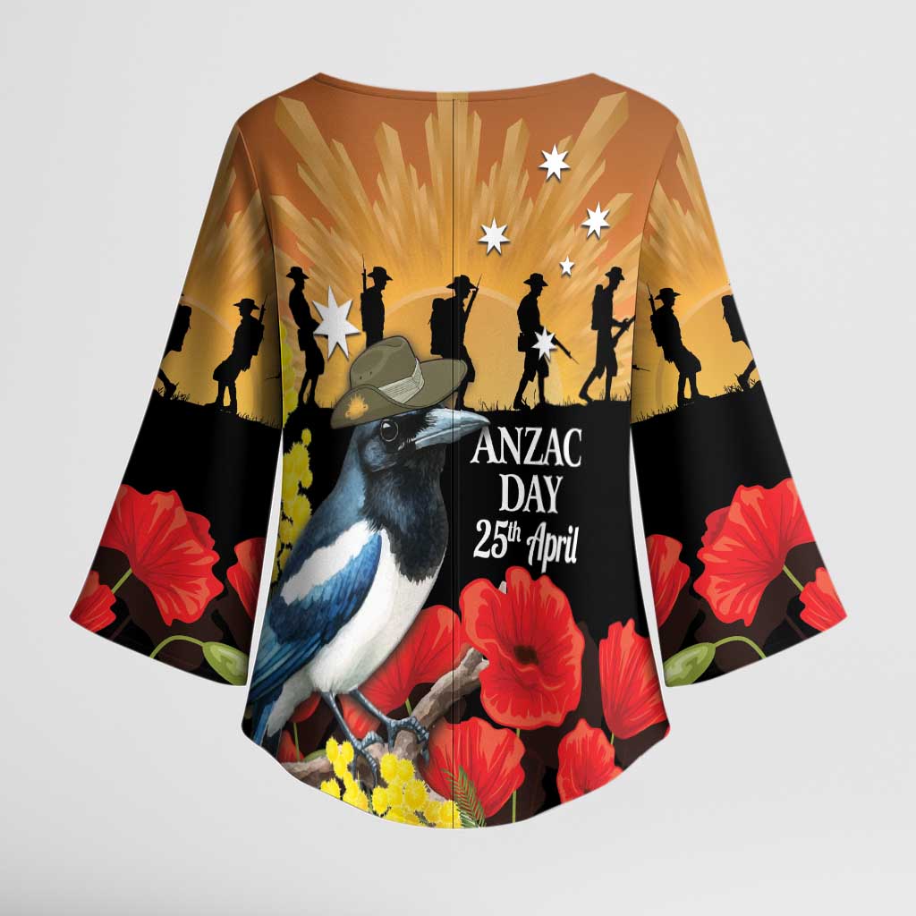 Australia Magpie ANZAC Day Kimono Sleeve Blouse Rising Sun 25th April Poppy Golden Wattle - Aussie Hoodie