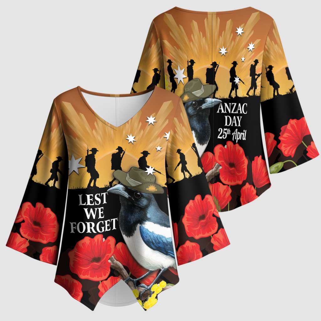 Australia Magpie ANZAC Day Kimono Sleeve Blouse Rising Sun 25th April Poppy Golden Wattle - Aussie Hoodie