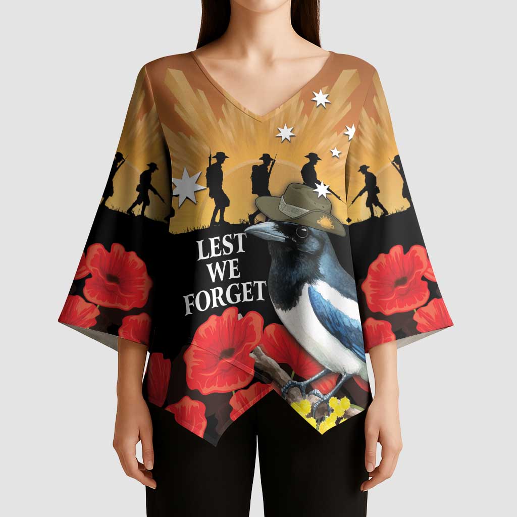Australia Magpie ANZAC Day Kimono Sleeve Blouse Rising Sun 25th April Poppy Golden Wattle - Aussie Hoodie