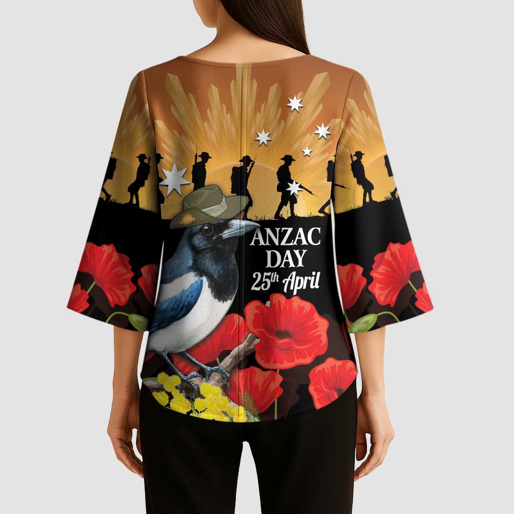 Australia Magpie ANZAC Day Kimono Sleeve Blouse Rising Sun 25th April Poppy Golden Wattle - Aussie Hoodie