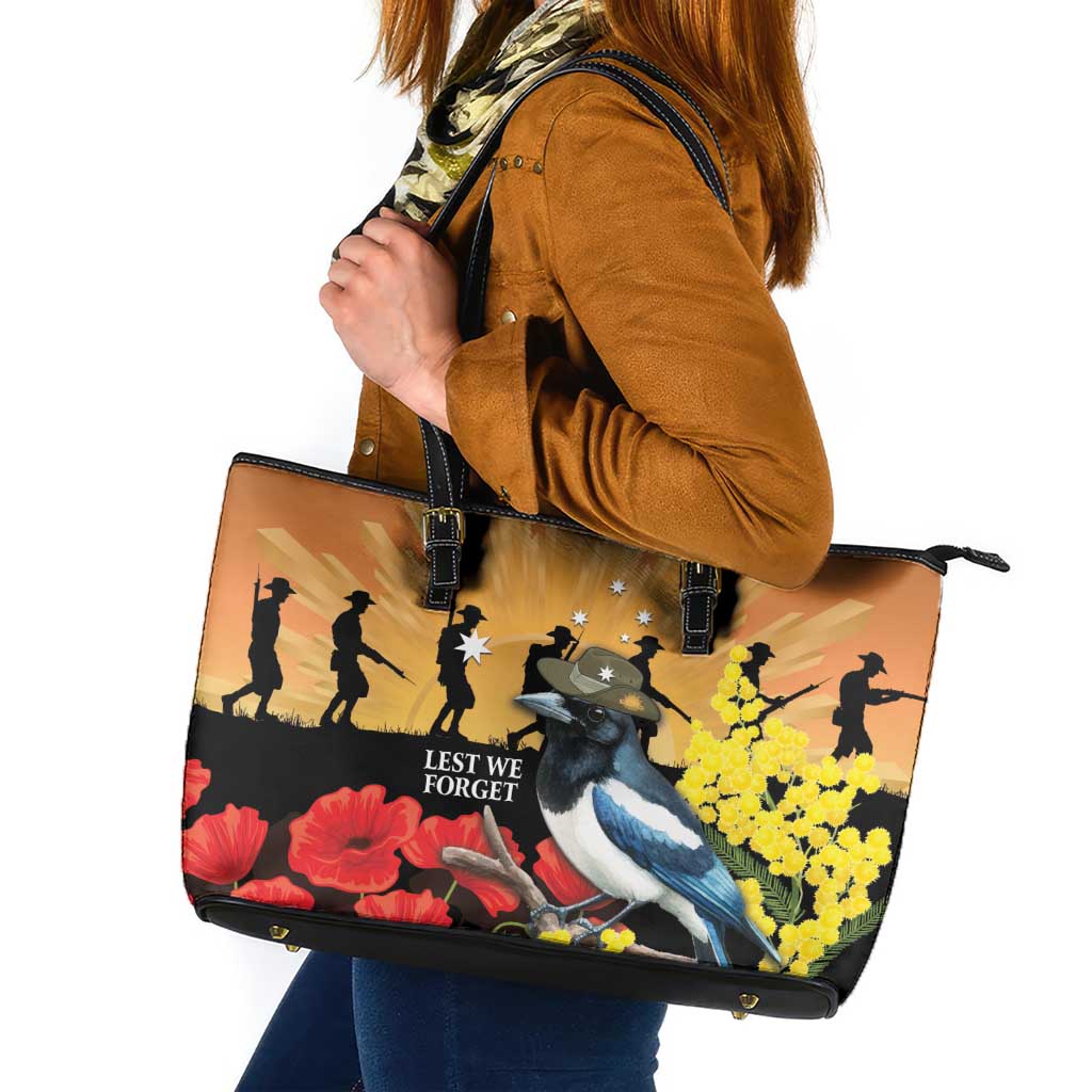 Australia Magpie ANZAC Day Leather Tote Bag Rising Sun 25th April Poppy Golden Wattle - Aussie Hoodie