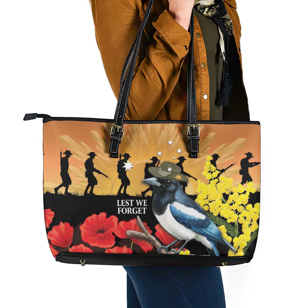Australia Magpie ANZAC Day Leather Tote Bag Rising Sun 25th April Poppy Golden Wattle - Aussie Hoodie