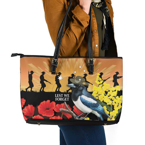 Australia Magpie ANZAC Day Leather Tote Bag Rising Sun 25th April Poppy Golden Wattle - Aussie Hoodie