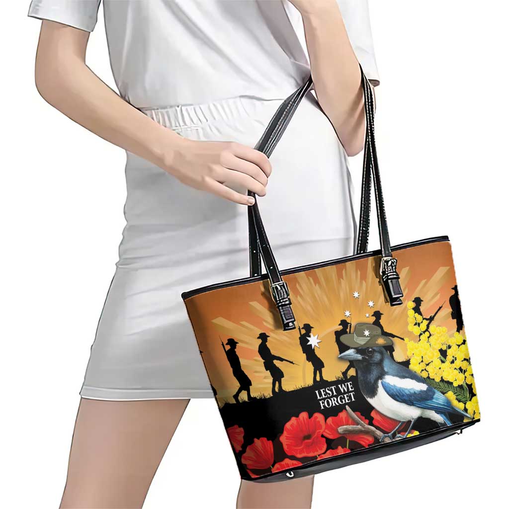 Australia Magpie ANZAC Day Leather Tote Bag Rising Sun 25th April Poppy Golden Wattle - Aussie Hoodie