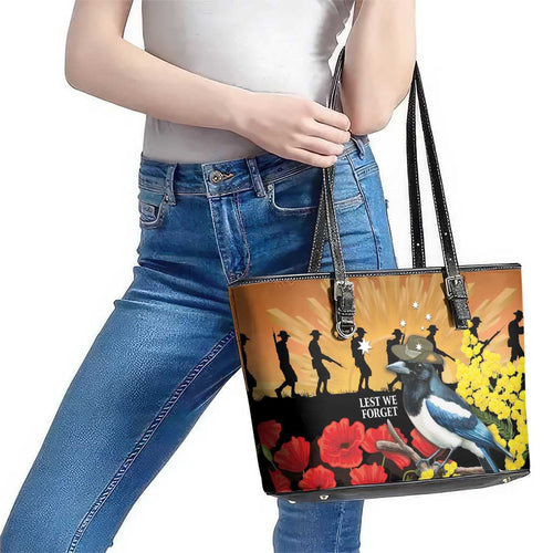 Australia Magpie ANZAC Day Leather Tote Bag Rising Sun 25th April Poppy Golden Wattle - Aussie Hoodie
