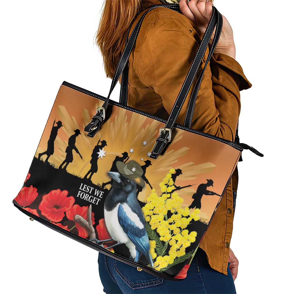 Australia Magpie ANZAC Day Leather Tote Bag Rising Sun 25th April Poppy Golden Wattle - Aussie Hoodie