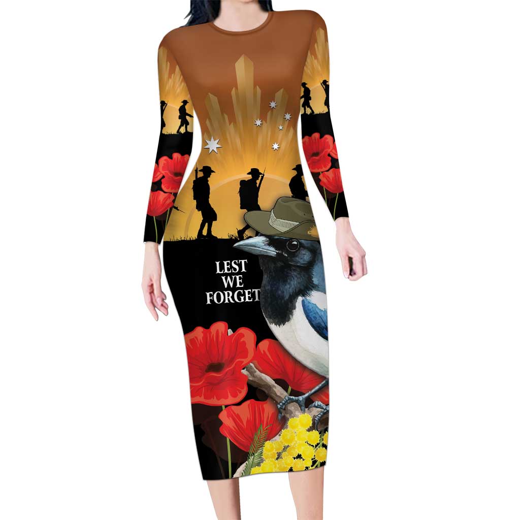 Australia Magpie ANZAC Day Long Sleeve Bodycon Dress Rising Sun 25th April Poppy Golden Wattle - Aussie Hoodie