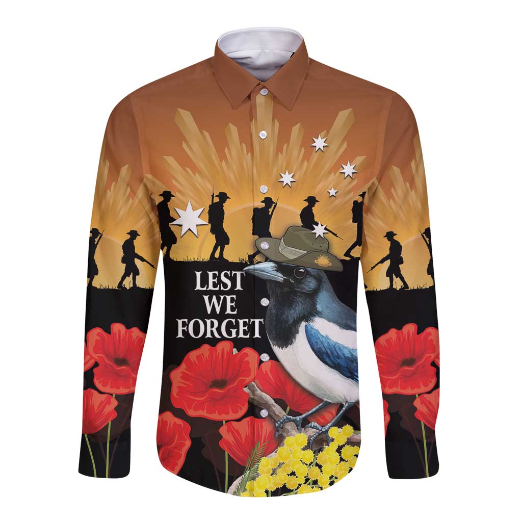 Australia Magpie ANZAC Day Long Sleeve Button Shirt Rising Sun 25th April Poppy Golden Wattle - Aussie Hoodie