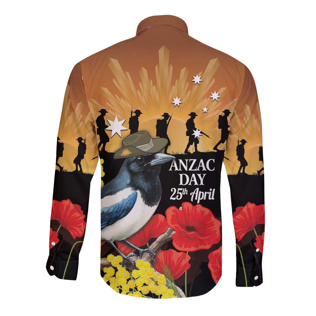 Australia Magpie ANZAC Day Long Sleeve Button Shirt Rising Sun 25th April Poppy Golden Wattle - Aussie Hoodie