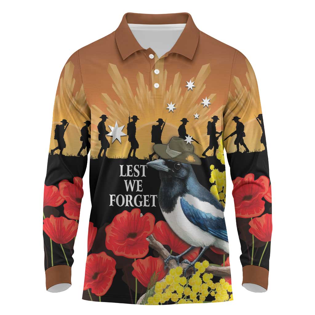 Australia Magpie ANZAC Day Long Sleeve Polo Shirt Rising Sun 25th April Poppy Golden Wattle - Aussie Hoodie