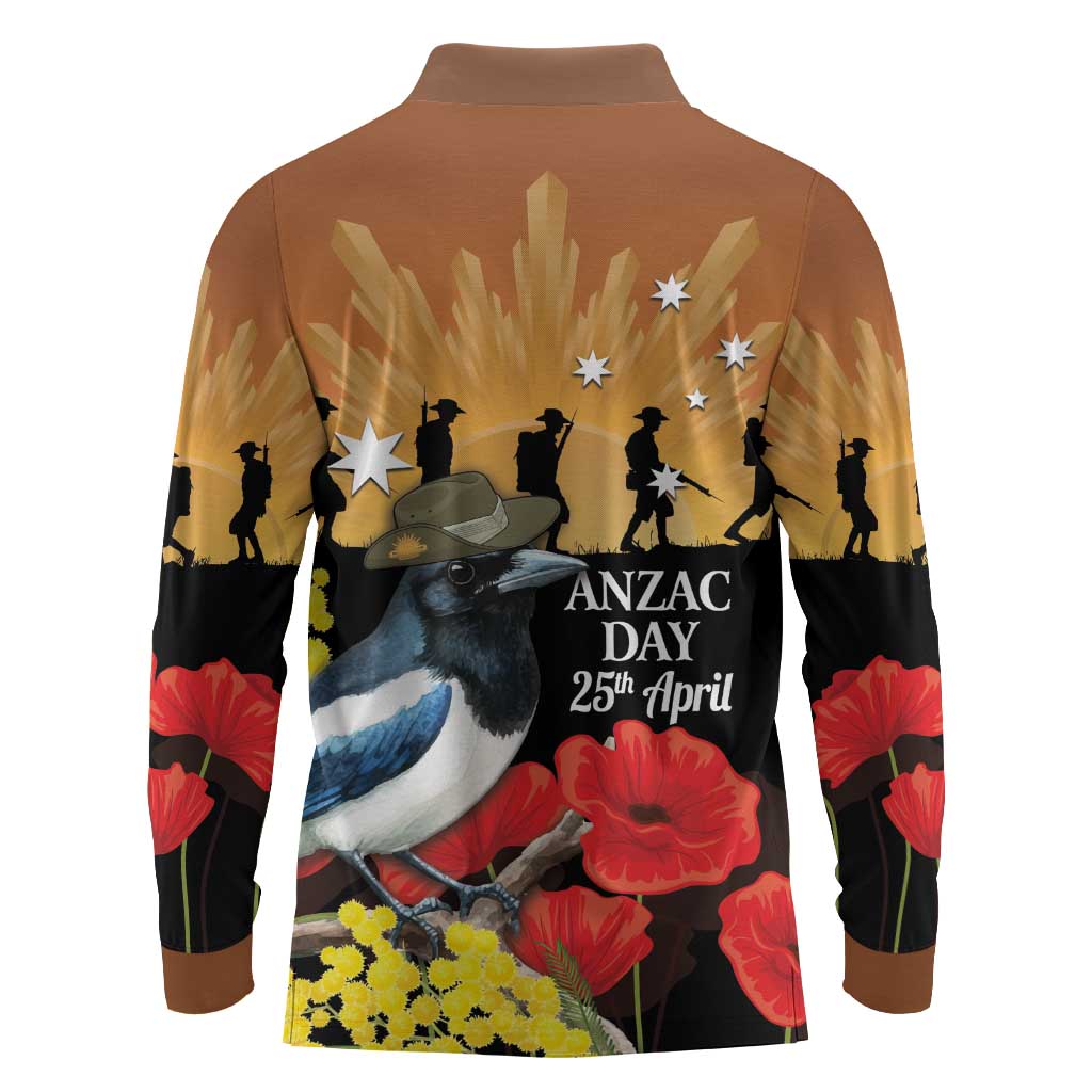 Australia Magpie ANZAC Day Long Sleeve Polo Shirt Rising Sun 25th April Poppy Golden Wattle - Aussie Hoodie