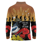 Australia Magpie ANZAC Day Long Sleeve Polo Shirt Rising Sun 25th April Poppy Golden Wattle - Aussie Hoodie