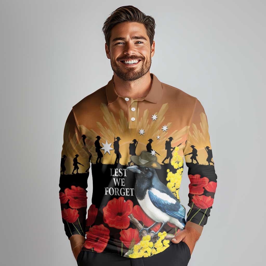 Australia Magpie ANZAC Day Long Sleeve Polo Shirt Rising Sun 25th April Poppy Golden Wattle - Aussie Hoodie