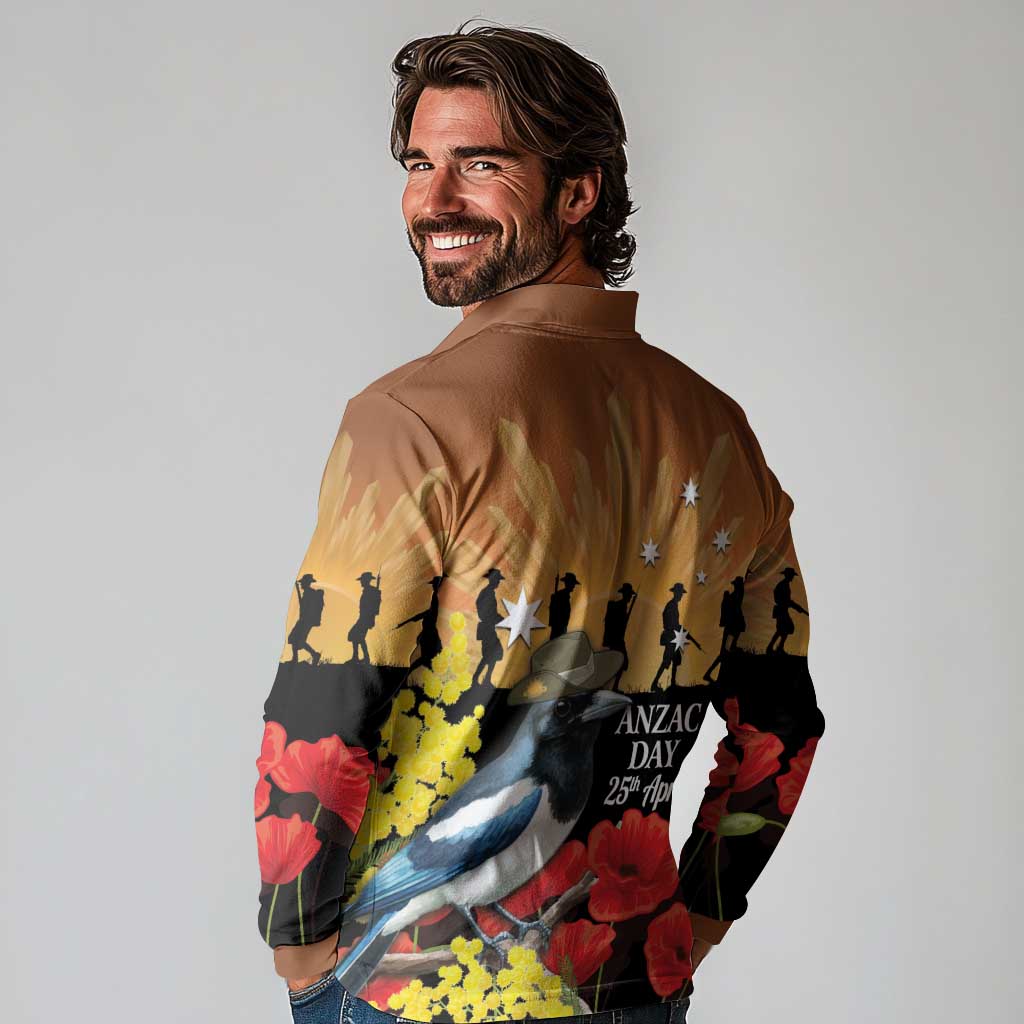 Australia Magpie ANZAC Day Long Sleeve Polo Shirt Rising Sun 25th April Poppy Golden Wattle - Aussie Hoodie