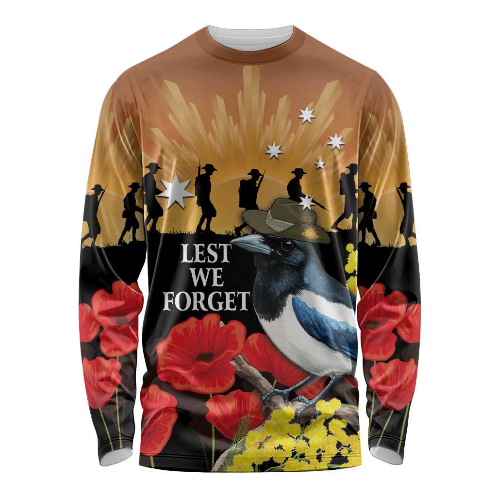 Australia Magpie ANZAC Day Long Sleeve Shirt Rising Sun 25th April Poppy Golden Wattle - Aussie Hoodie