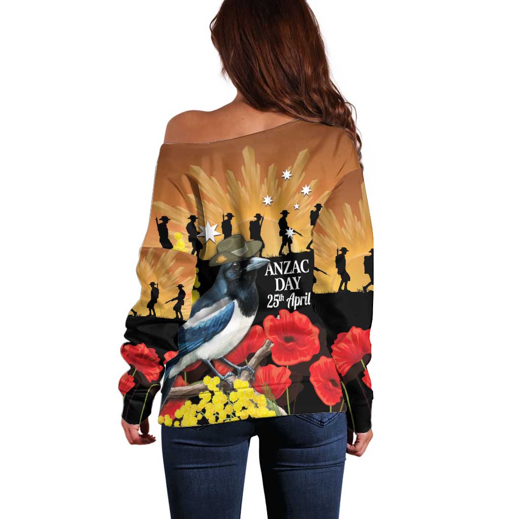 Australia Magpie ANZAC Day Off Shoulder Sweater Rising Sun 25th April Poppy Golden Wattle - Aussie Hoodie