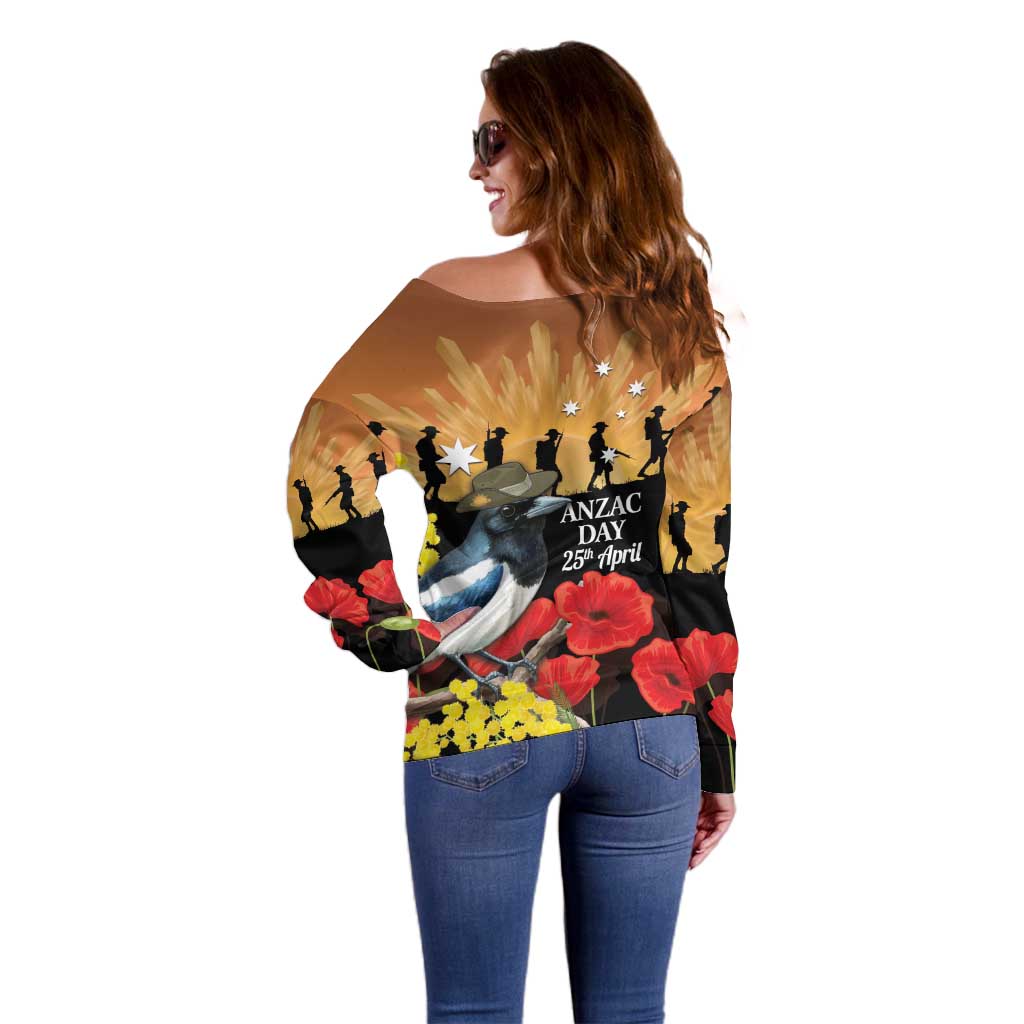 Australia Magpie ANZAC Day Off Shoulder Sweater Rising Sun 25th April Poppy Golden Wattle - Aussie Hoodie