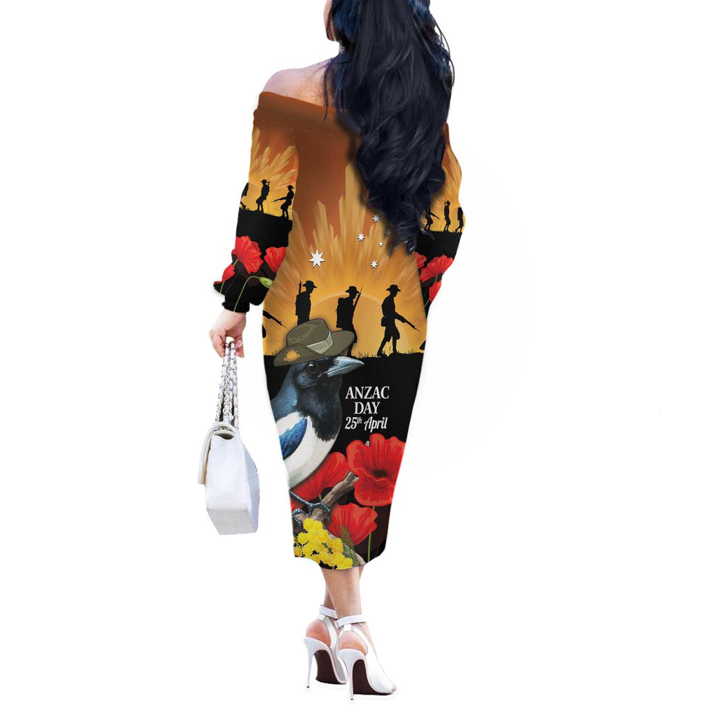Australia Magpie ANZAC Day Off The Shoulder Long Sleeve Dress Rising Sun 25th April Poppy Golden Wattle - Aussie Hoodie