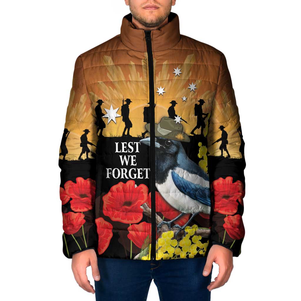 Australia Magpie ANZAC Day Padded Jacket Rising Sun 25th April Poppy Golden Wattle - Aussie Hoodie