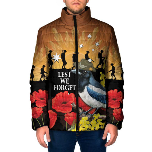 Australia Magpie ANZAC Day Padded Jacket Rising Sun 25th April Poppy Golden Wattle - Aussie Hoodie