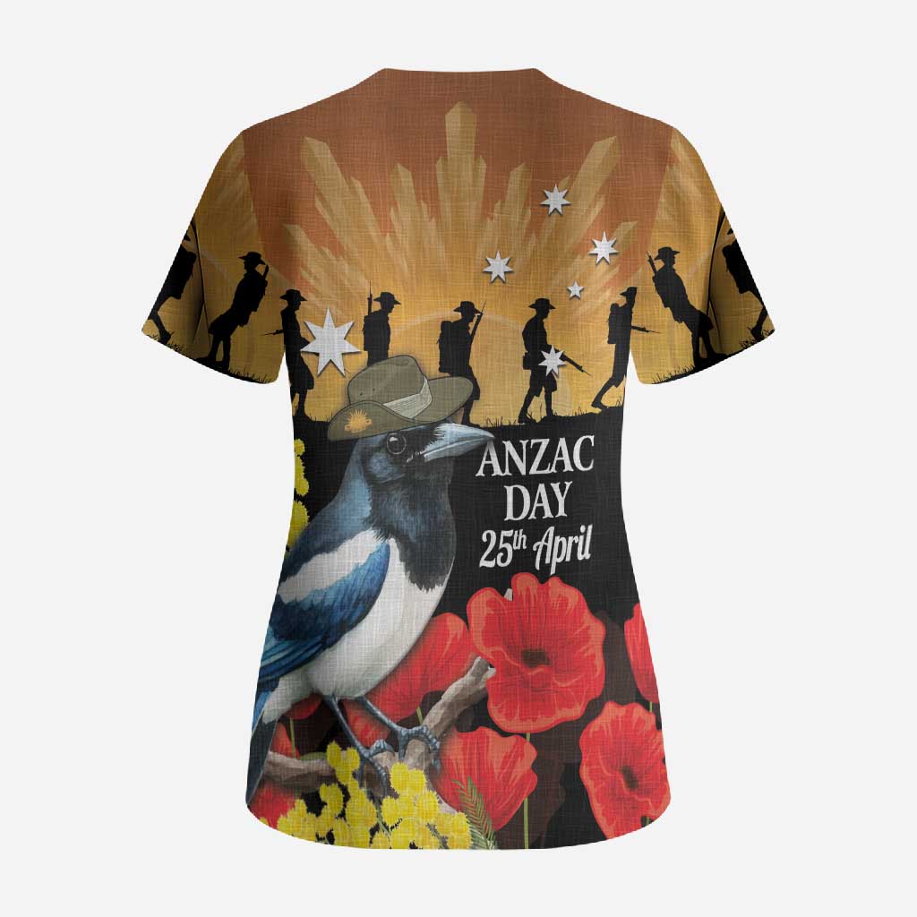 Australia Magpie ANZAC Day Scrub Top Rising Sun 25th April Poppy Golden Wattle - Aussie Hoodie