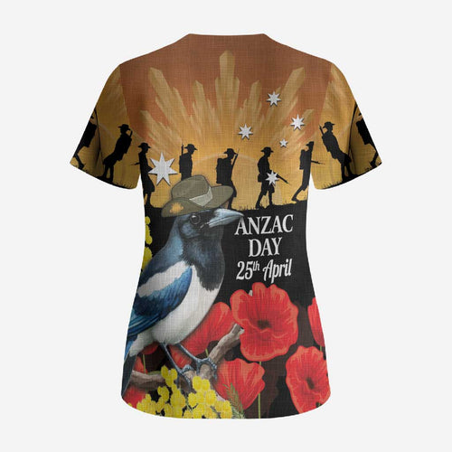 Australia Magpie ANZAC Day Scrub Top Rising Sun 25th April Poppy Golden Wattle - Aussie Hoodie